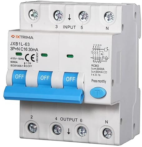 IXTRIMA Interruttore Magnetotermico Differenziale, 3P+N, 380V-6KA, 30mA, 4 Moduli DIN (16A)