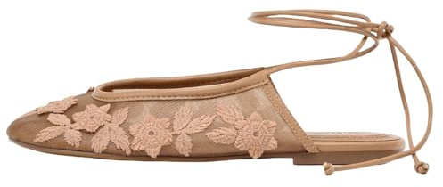 UFEDO Lace Up Mesh Ballet Flat for Women Summer Slingback Ballerina Shoes Embroidered Floral Mary Jane Comfortable Ballerina Flats Apricot Size 39