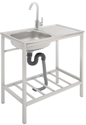 Handfat i rostfritt stål 75 cm brett med 360° vridbar vattenkran 35 cm brett handfat 1 plan hylla fristående diskbänk med dräneringsrör avloppssil kök diskbänk med underskåp diskbänk