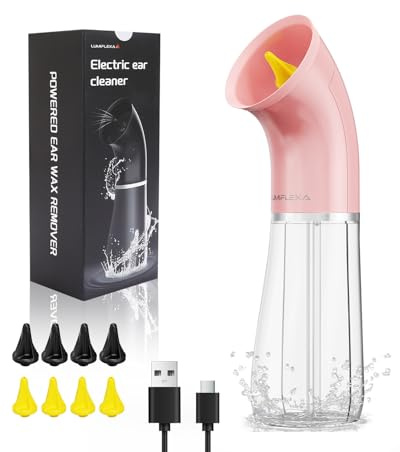 Lumiflexa Nettoyant Oreille, Élimination Avec Double Réservoir D'eau de 250 ML, 4 Pressions D'eau Pour un Nettoyage,USB & 8 Écouteurs, IPX7 Pour un Rinçage Sûr et Efficace du Cérumen(Rose)