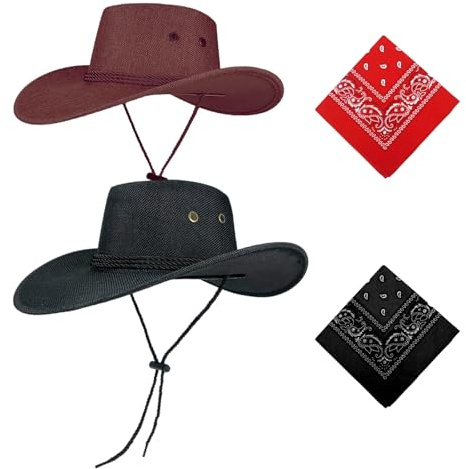 Rthynti Hats Pack of 2 Unisex Felt Western Hats & Bandanas, Texas Texan Costume Accessories, Cowboy Hat and Bandana, Cowboy Accessory Set for West Fancy Dress Party, Halloween Party