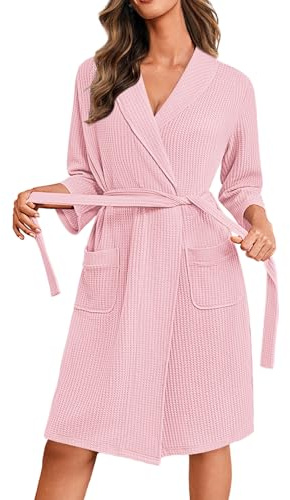 Ekouaer Badrock, dam, våffelpiké, kort, morgonrock, lätt, hemmadräkt, mjuk, 3/4-ärmar, badrockar, kimono, basturock | Lätt mjuk hemmadräkt, kort kimono-rock med fickor, elegant ledig knälång vardagsklädsel