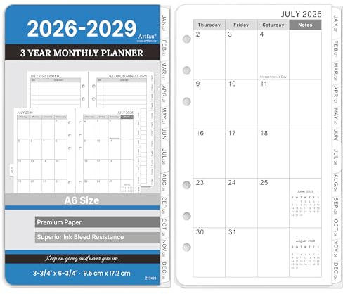 2026-2029 Planner Refills - A6 Planner Inserts with 6-Hole Punched, July 2026 - June 2029, 3 Year Monthly Planner Refills, 3-3/4 x 6-3/4, A6 Binder Inserts, 2026-2029 Monthly Planner with Tabs