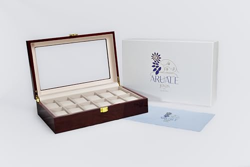 ARUALE JOYAS DESDE 1992 Caja Organizadora para Relojes de Madera Roja con Tapa de Cristal Templado, 12 Compartimentos con Interior de Ante Sintético, Incluye Gamuza Limpiadora. Ideal Para Regalo