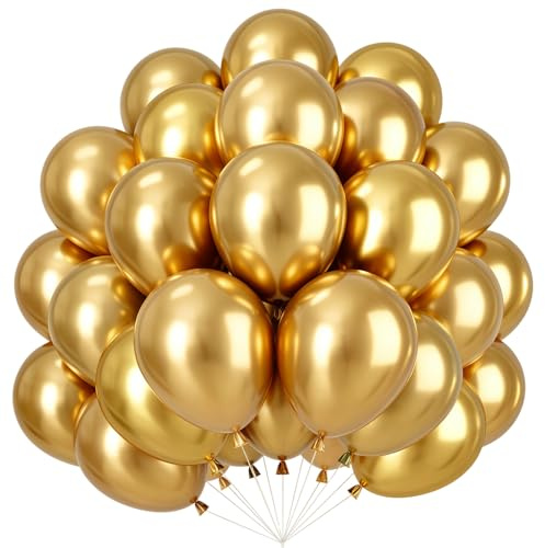 Ballonger i metall guld, 100-pack 25 cm (10 tum) metallguld latexballonger, gyllene heliumballong, metall guldgirlang, festballonger, set för babyshower, bröllop, alla hjärtans dag, födelsedagsfest