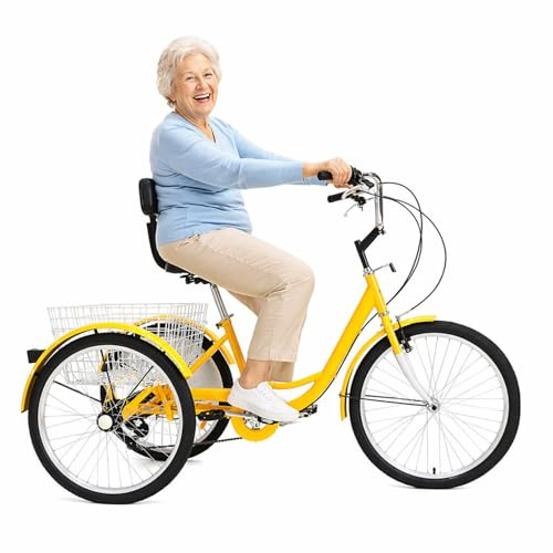Trehjuling foer Vuxna 24 Tum 7 Vaelxlar Trehjulig Cykel Lastcykel med Stor Korg Ryggstoed Bekvaem Sits foer Aeldre Seniorer Shopping Picknick Utendoersmotion Traening Fem Faerger Yellow