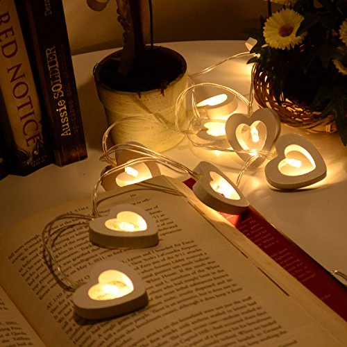 Gimuk 10 Led Warm White Wooden Heart Fairy String Light Xmas Wedding Decor Party Lighting Battery Powered (10 LED)