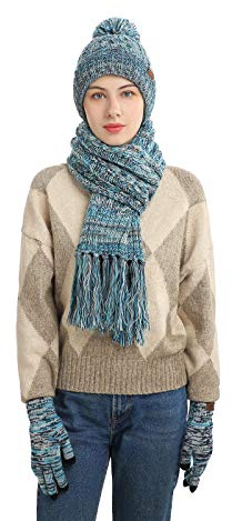 INSISMY Mütze Schal handschuhe Set Winter Weich Warm Pelzgefütterte Bommelmütze Langer Schal mit Quaste und Touchscreen Handschuhe Set 3-teiliges Melange Gestrickt Damen Unisex Seeblau