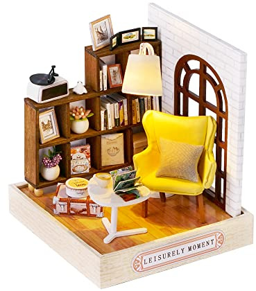 TuKIIE DIY Miniature Dollhouse Kit with Furniture, 1:24 Scale Creative Room Mini Wooden Doll House Plus Dust Proof for Kids Teens Adults(Leisurely Moment)