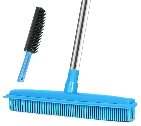 Landhope Fur Remover Broom, Rubber Broom with Squeegee Long Handle, 50 inches Sweeping Rug Brush Clean Carpet Windows Wooden Floor Sofa Bathroom Rugs Car Floor No Scratch