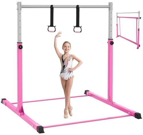 Safly Fun Barra de gimnasia para niños de 3 a 15 años, gimnasio en casa de acero resistente, altura ajustable (3 a 5 pies) con base antideslizante, fácil montaje