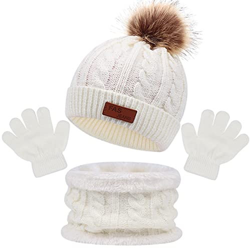 Enwokran 3 in 1 Kinder Beanie Wintermütze Schal Handschuhe Set,Verdicken Fleece Thermisch Warme Strickmütze Babymütze Handschuhe Runder Schal Set für Kinder Jungen Mädchen 2-6Jahre (Weiß)