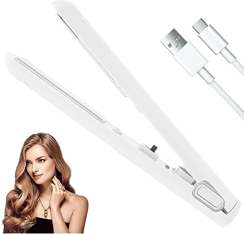 Sutowe 2 in 1 Mini Dual-Purpose Curling Iron, 10W Small Travel Hair Straightener and Curler, Portable USB Rechargeable Hair Curler Iron 30s Fast Heat-Up for Straight Curly Hair(white)