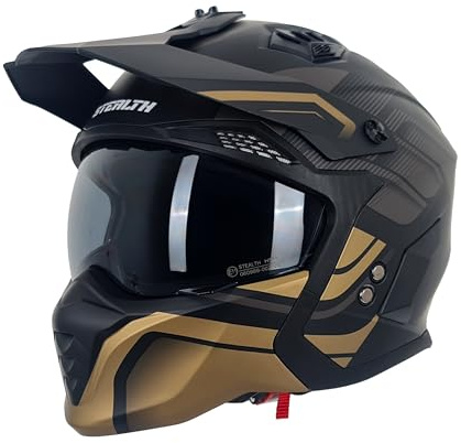 Motorcycle Crash Helmet Stealth Fighter ECE 22.06 Approved Multi Function Full Face & Open Face Helmet Removable Peak - Orbit Black/Gold Matt