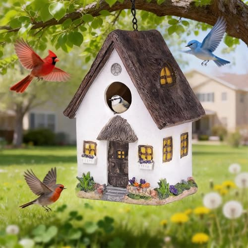 Attivolife Garden Birdhouses, Waterproof Hanging Chain Bird Boxes, Hand-Painted Resin Nesting Box Garden Patio Yard Decor for Bluebird Finches Cardinals, Creative Gifts for Bird Lover Family Friend
