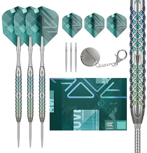 TARGET Darts Rove Steel Tip Swiss Point Darts, 90% Tungsten Dart Set, Barrel 01-22G | Steel Tip Dart Sets, Green & Silver Darts, Professional Dart Set with Swiss Points & Tool