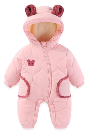 JiAmy Baby Snowsuit Winter Romper Hooded Boys Girls Jumpsuit Bear Thick Windproof Infant Newborn Clothes 12-18 Months Pink