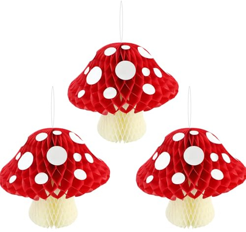 3uds Decoraciones de Bolas de Panal de Hongos Grandes, Letrero Colgante de Techo de Hongos Centros Mesa Decoración de Hongos Papel para Jardín Hadas Cumpleaños Fiesta País de Maravillas