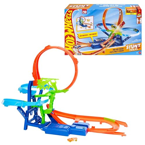 Hot Wheels Toy Car Track Set, Stunt Track Mid-Air Crash with 1:64 Scale Die-Cast Toy Car, Motorized Booster for Non-Stop Stunting & Racing, JKJ78