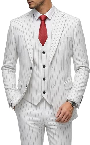 MOGU - Costume 3 pièces pour homme à rayures fines, coupe ajustée, double aérations, veste de smoking, gilet et pantalon décontracté, blanc, Taille L