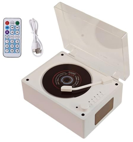 Lecteur CD Portable, Bluetooth avec Haut-parleurs, Petit Lecteur DVD Vintage avec Télécommande, Support USB/AUX/Type-C, Lecteur de Musique Rechargeable, Lecteur CD de Bureau AUX de 3.5 mm (Blanc)