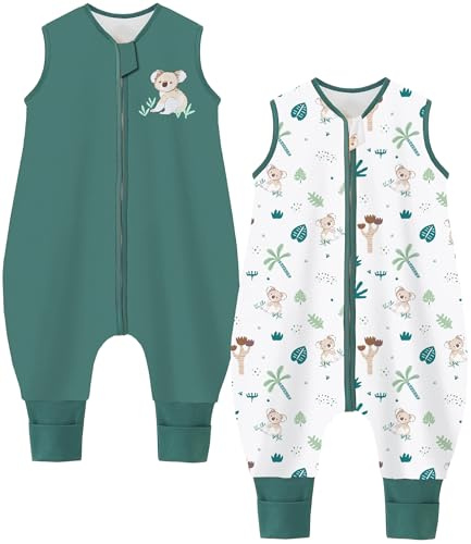 Chilsuessy Babysovsäck med fötter, 2-pack 1,5 tog barn året runt, sovsäck 100 % bomull, babysovsäck med ben, 1,5 tog/koala grön, 80 cm/babyhöjd 85–95 cm