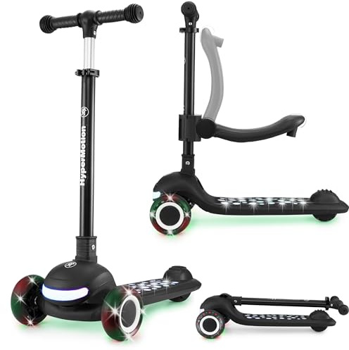 HyperMotion Monopattino per bambini con illuminazione a LED LUMI 3 in 1, sedile regolabile in altezza, pieghevole, ruote in poliuretano, manubrio a T fino a 50 kg, per bambini a partire da 1 anno