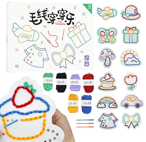 Kids Sewing Kit, biglietti di allacciatura per bambini, divertente kit di threading fatto a mano, abilità motorie, artigianato sensoriale prescolare, motivo non tessuto, giochi di ricamo per noia