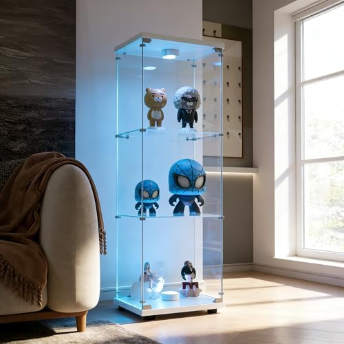 BRILVERDE Vitrine Trempé avec Éclairage LED, Porte et Fond Miroir - Vitrine en Verre pour Collection, Vin, Figurines, Livres (LED 3 Étagères Blanc, 125 x 42 x 36 cm)