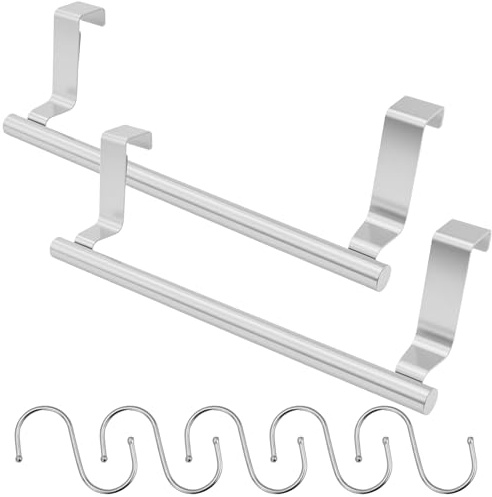 2 pezzi portasciugamani in acciaio inox, porta strofinacci cucina, porta strofinacci cucina da anta, argento, con 5 ganci a S, per cucina, lavanderia, bagno, ripostiglio