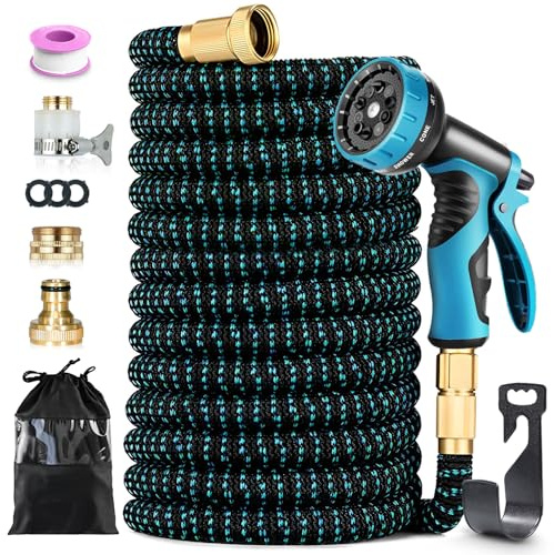 Mangueras de Jardín 30M Extensibles, 4 Capas de Látex Resistente, Conector de Latón y Pistola de Riego 10 Modos, Perfecta para Limpieza y Césped