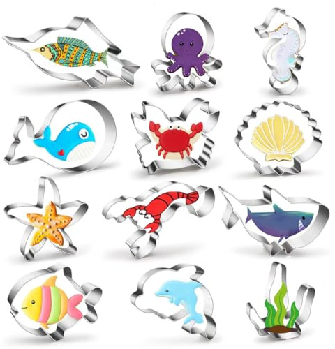 BLPRKOT 12 Piezas Luego de Cortadores de Galletas con Diseño de Animales Marinos, Moldes Galletas, Moldes para Galletas, Moldes Galletas Acero Inoxidable para Pastel, Cookie, Fondant, para Alimentos