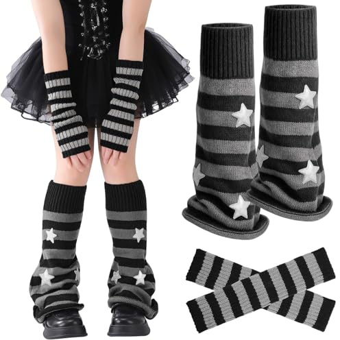Zimocepuz Doux Chauffe-jambes pour femmes, Chauffe-bras à rayures étoilées tricotées, Streetwear protection rayée pour jambes, Chaussettes hautes en tricot pour cuisses