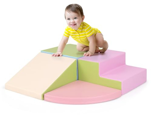 GOPLUS Bloques de Escalada de 4 Piezas para Niños, Bloque para Escalar y Gatear con Espuma EPE de Alta Densidad, Cubierta de PU, Escaladores Suaves para Niños de 3+ Años en Gimnasio (Rosa+Verde)