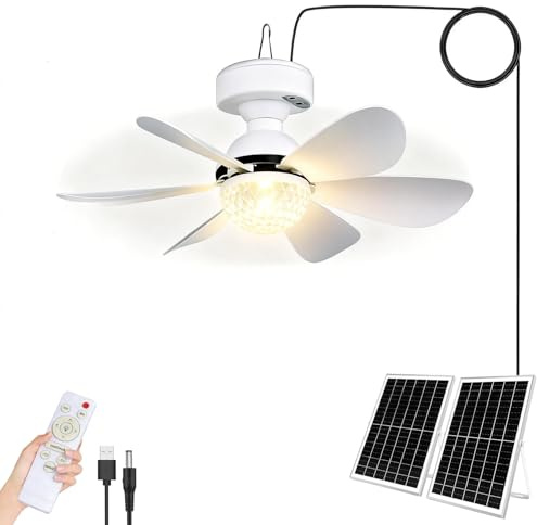 Ventilador de techo solar KZT con iluminación y control remoto LED, ventilador de batería regulable, lámpara de techo de tres velocidades ajustable para jardín al aire libre, cenador, sombrilla