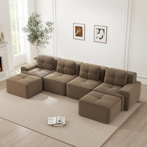 Sofá de esquina U de 4 plazas, sofá modular sin marco de compresión al vacío con 2 pufs, 4 almohadas, relleno de espuma 32D de alta densidad, sin montaje, marrón (asiento prof. 74 + reposabrazos de 30