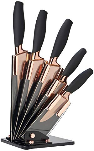 5pc Kitchen Knife Set & Block - Brooklyn by Taylors Eye Witness. Rose Gold Coloured Bolsters, Finely Ground Razor Sharp Stainless Steel Matching Blades. Soft Grip Handles. Modern Fan Shaped Holder.