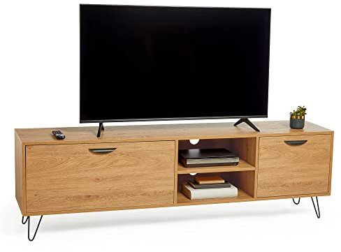 VonHaus TV Unit Oak Wood Effect - Industrial Style TV Cabinet - For TV's up to 80 - Large TV Entertainment Unit w/ 2 Storage Cupboards, 2 Shelves & Pin Legs - 35kg Capacity - For Living Room - Capri