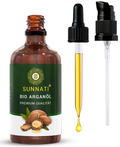 Sunnati® Bio Arganöl Kaltgepresst für Gesicht, Haut & Haare 100ml - Organic Argan Oil - Haaröl ohne Silikon, 100% Rein & Vegan - Glasflasche mit Pipette & Pumpe