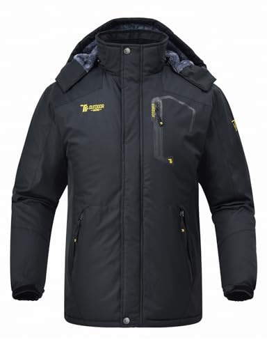 Rdruko Men's Ski Snow Jacket Waterproof Insulated Fleece Outdoor Mountain Hooded Winter Coat (Black, US XL)