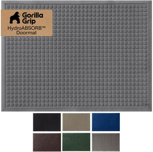 GORILLA GRIP Front Door Mat, Indoor Outdoor Ultra Absorbent HydroAbsorb Doormat, Absorbs Up to 1.7 Cups of Water, Stain and Fade Resistant, Rubber Backing Doormats, Captures Dirt, 29x17 Gray