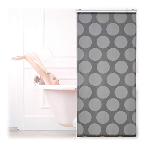 Relaxdays Cortina Enrollable Ducha Lunares, Estor Traslúcido, Repele Agua, Sujeción Techo/Ventana, 80x240 cm, Gris
