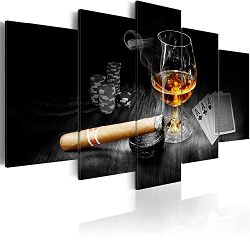 B&D XXL - Wandbilder XXL Alkohol Vlies Leinwandbild 5 tlg Kunstdruck modern Wandbilder XXL Wohnzimmer Leinwand Moderne Wanddekoration Design Wand Bild - Alkohol Zigarre Poker Whisky i-A-0101-b-o