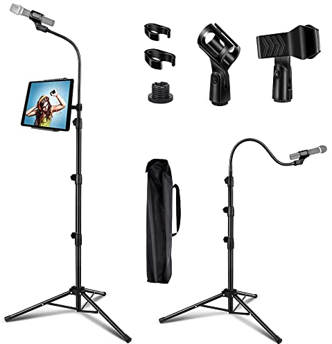 LIUGAST Portable Microphone Stand with Phone Holder, Gooseneck Tripod Adjustable 3.5-6 Feet, 2 Standard Mic Clips, Black