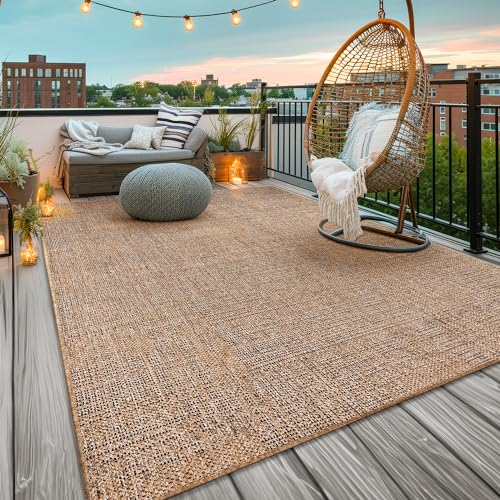 TT Home In-& Outdoorteppich Wetterfest Garten Terrasse Esszimmer Unifarben Moderner Boho Style Abstrakte Optik, Farbe:Beige Braun, Größe:80x150 cm