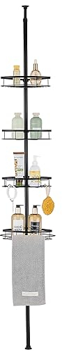 Kindrino Etagère de Douche Télescopique en Etagère de Douche d'angle Etagères de Rangement de Salle de bain Métal 4 NIVEAU Sans Perçage Noir