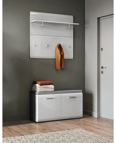 Lomadox Garderoben-Set 2-teilig mit Schuhbank und Garderobenpaneel weiß Hochglanz | Flurgarderobe im modernen Stil