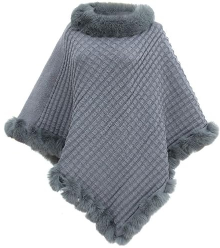 NLAND Poncho Donna Invernale Elegante Mantella Scialle in Maglia Girocollo Peloso Spessa Caldo Morbido Coprispalle Pelliccia Sintetica(Grigio)