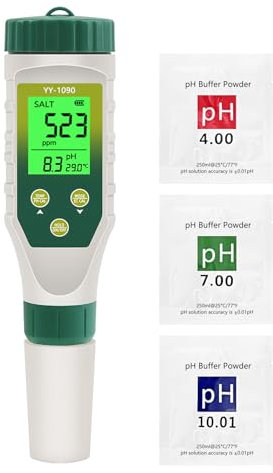Homcoice Medidor PH 5 EN 1, PH EC TDS Salinidad Temperatura Meter con innovadora pantalla simultánea tres datos, Medidor Sal Piscina IP67 impermeabilidad, TDS PH Tester Agua con función ATC