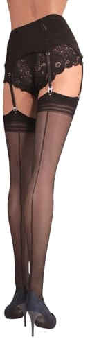 JUST BEAUTY TOUCH Thigh High Sheer Stockings for Garter Belt with Back Seam - Women 20 Denier Lingerie Socks with Patterned Top (Garter Belt Not Included) (M, Black)
